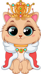 Charming Princess Kitty with Royal Crown and Cape - Bright Vector Illustration