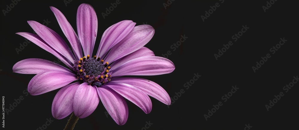 Wall mural Purple daisy flower set against a black background. Copy space image. Place for adding text and design