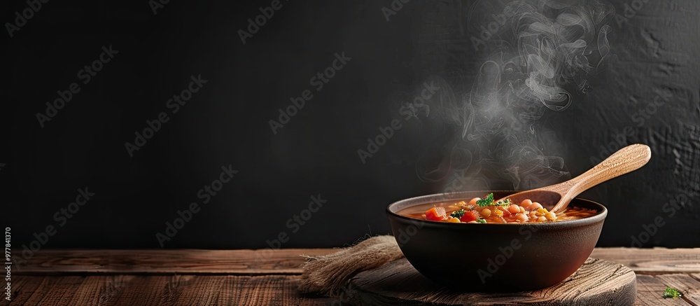 Wall mural A bowl of hot soup with steam rising accompanied by a wooden spoon on a wooden table with a black background. Copy space image. Place for adding text and design