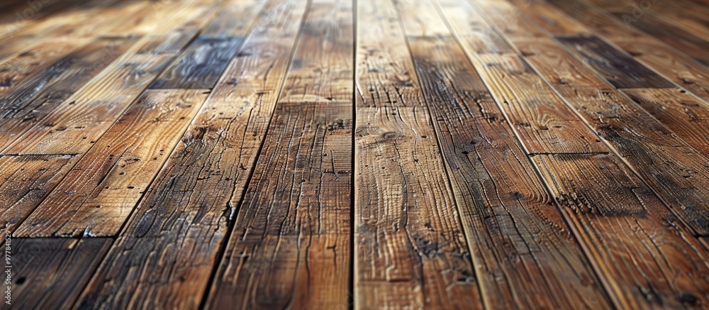 Poster grunge plank wood floor texture background from a perspective view for displaying or showcasing a pr