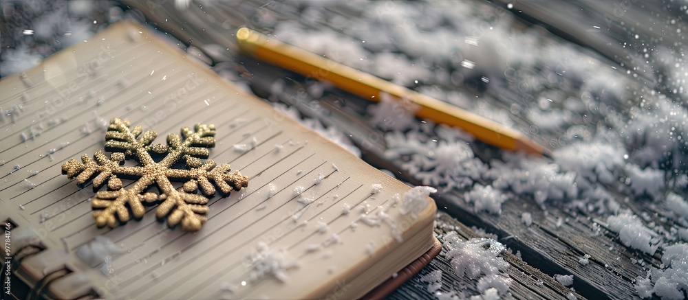 Poster there is a diary a pencil and a golden snowflake on a wooden surface. copy space image. place for ad