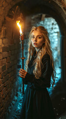 Fototapeta premium A woman in a black dress holding a torch in a dark tunnel