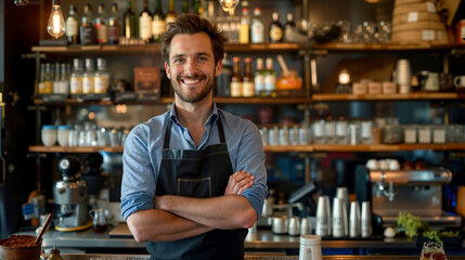 A man standing behind a bar with his arms crossed