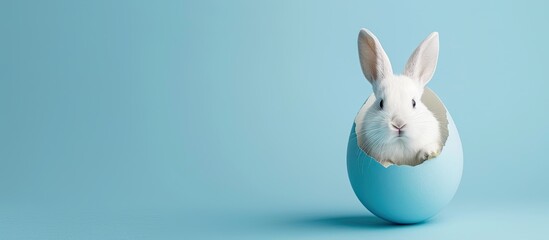 Obraz premium Banner featuring a white rabbit concealed inside an Easter egg against a blue background A festive Easter card Copy space