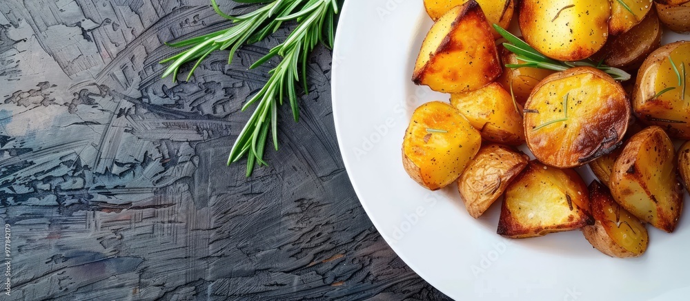 Sticker Fried potato slices served on a white plate Roasted or baked potatoes seasoned with rosemary Baked potato wedges. Copy space image. Place for adding text and design