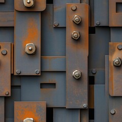 Rusty metal plates with bolts, seamless industrial background. Weathered steel texture with grunge details.