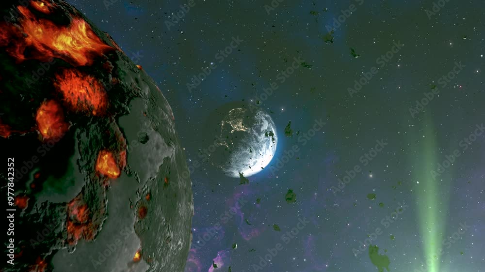 Poster massive dead planet asteroid close to earth with small rocks 3d rendering of planet earth with poten