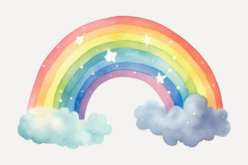 Colorful watercolor rainbow with clouds