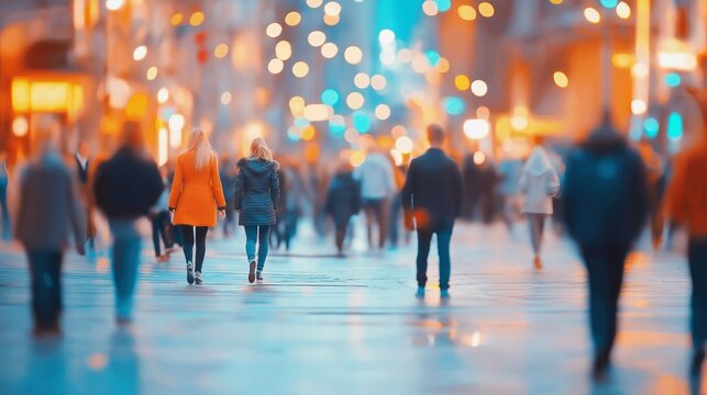 blurred crowd of people walking on colorful illuminated street. abstract urban nightlife background