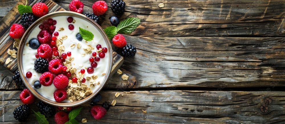 Sticker Healthy yogurt bowls topped with various berries and granola Lower border on a rustic wood background Copy space