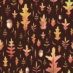 Watercolor seamless pattern with autumn leaves, acorns. Hand painted aquarelle design for wallpapers, wrapping paper, scrapbooking
