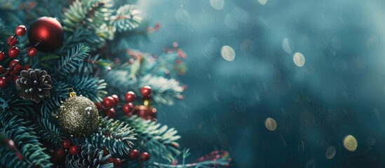 Fir tree spruce adorned with Christmas decorations Festive backdrop Copy space Vintage effect