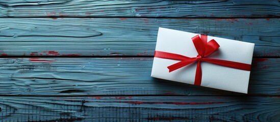 Fototapeta premium Empty Gift Voucher on a Blue Wooden Table. Copy space image. Place for adding text and design