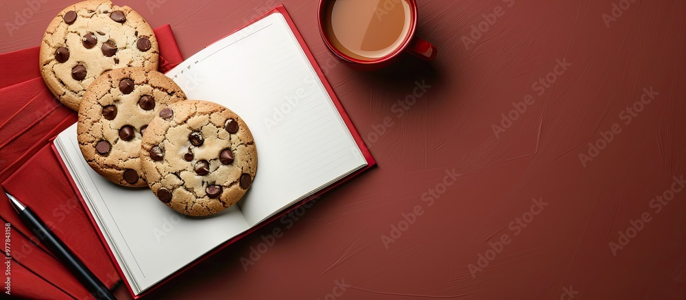 Poster blank open book cookies and notebook on a colored background. copy space image. place for adding tex