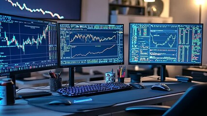 A trader’s workspace with three monitors showing different aspects of financial markets, including stock price charts, bond prices
