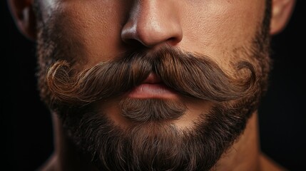 Fototapeta premium A close-up shot of a man with a thick, neatly curled mustache, emphasizing his facial hair and style, evoking a classic and strong masculine look