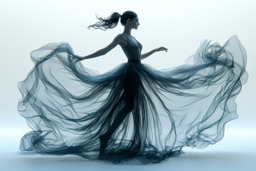 Fototapeta premium A dancer's silhouette infused with flowing fabric, representing movement and grace through double exposure.