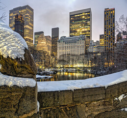 Gapstow Bridge in Central Park, snow storm winter