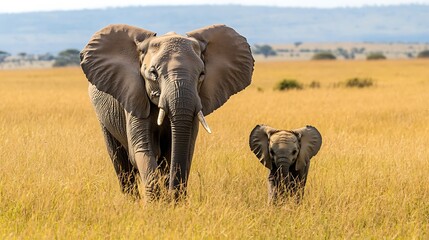 Obraz premium A mother elephant and her calf walking through the tall grass of the African plains