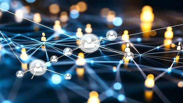 A visually striking diagram of interconnected business contacts, with bright nodes connected by lines of light, symbolizing the strength and reach of networking