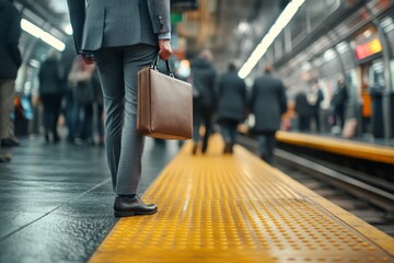 Fototapeta premium A businessman dressed in a sleek suit waits on a busy subway platform, holding a briefcase.