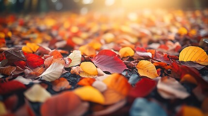 A vibrant carpet of autumn leaves in various colors on the ground.