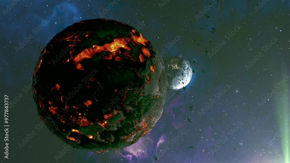 Sticker massive dead planet asteroid close to earth with small rocks 3d rendering of planet earth with poten
