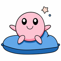 A playful cartoon character lying on its back on a blue cushion, holding a tiny star plushie