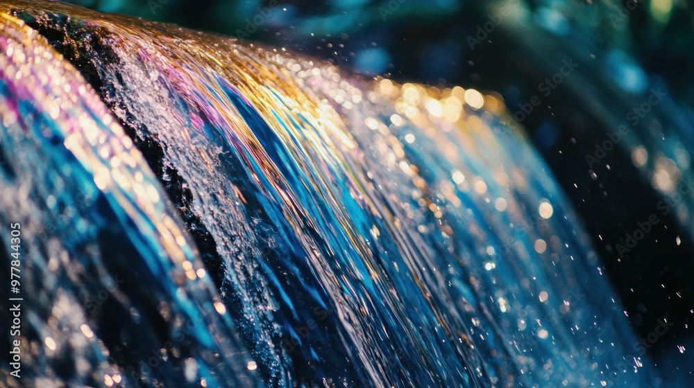 Poster Close-up of a Cascading Waterfall with Rainbow Hues and Glittering Drops