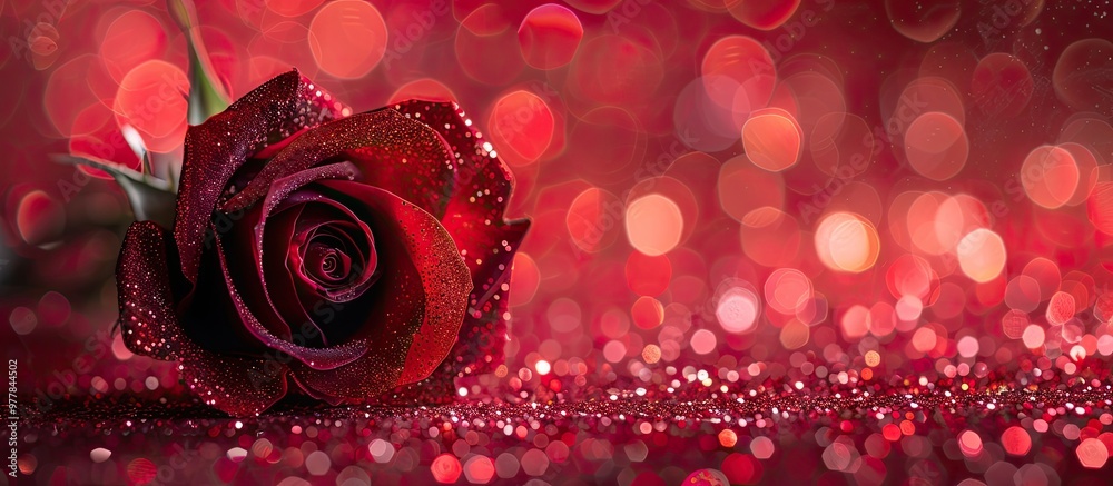 Poster one red rose on a table covered in red glitter. copy space image. place for adding text and design