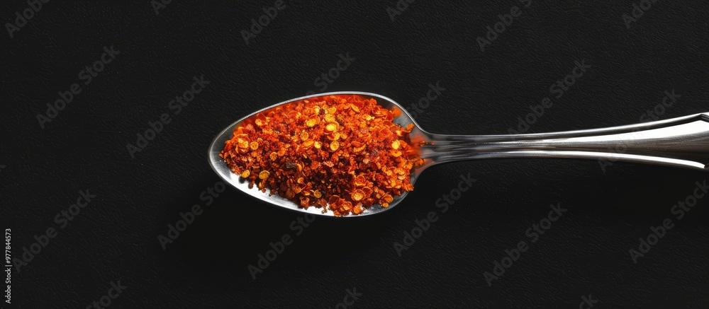 Sticker spoonful of paprika against a black background. Copy space image. Place for adding text and design