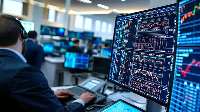 A stock market trading floor with traders monitoring screens, displaying fluctuating stock price charts