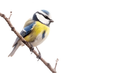 Obraz premium A curious blue tit perched on a twig on a white background with copy space, tiny body alert