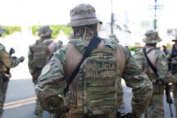 Fototapeta premium Soldiers from the Bahia Military Police are seen in formation during the celebration of Brazilian Independence Day in the city of Salvador, Brazil.