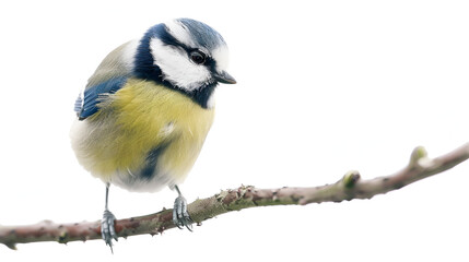Naklejka premium A curious blue tit perched on a twig on a white background with copy space, tiny body alert