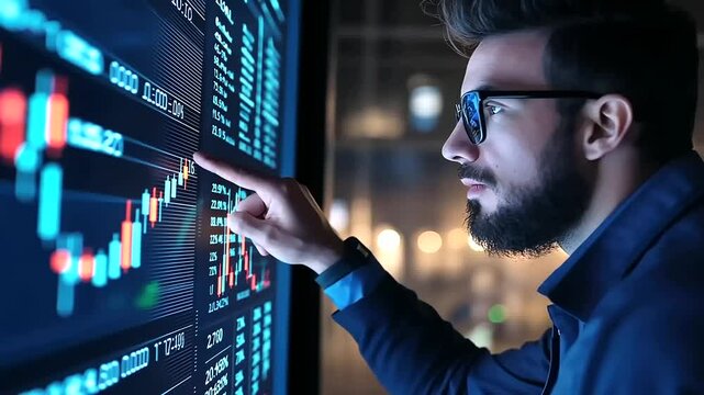 A trader confidently pointing at a rising stock price chart, symbolizing a successful trade and potential earnings