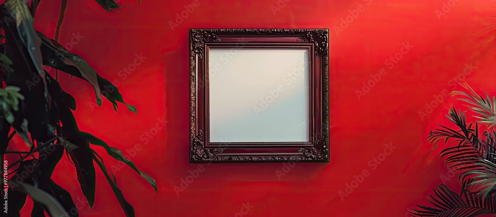 Poster frame set against a red background. copy space image. place for adding text and design