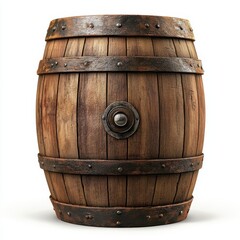 Obraz premium A rustic wooden barrel made of staves and held together by metal bands, perfect for storage or decoration, white background