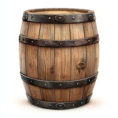 Obraz premium A rustic wooden barrel with metal bands, perfect for vintage decor or storage solutions in any setting, white background