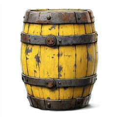 Fototapeta premium A rustic yellow wooden barrel with metal bands, ideal for vintage decor and storage solutions in a farmhouse setting, white background