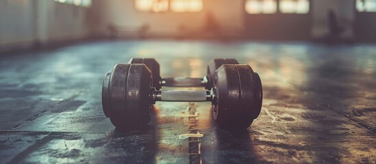 Close up of dumbbell exercise weights on the gym floor with a vintage tone. Copy space image. Place for adding text and design