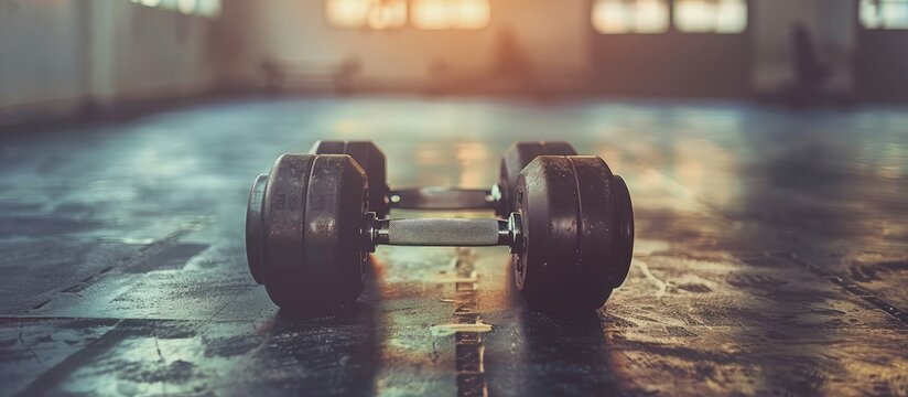 Close up of dumbbell exercise weights on the gym floor with a vintage tone. Copy space image. Place for adding text and design