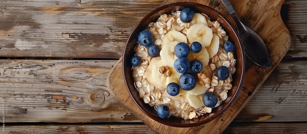 Sticker Oatmeal with blueberries apple and nuts A bowl of oatmeal porridge on wooden boards Healthy breakfast idea Top view Copy space