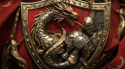 Fototapeta premium Golden Dragon and Armored Knight on a Red Shield