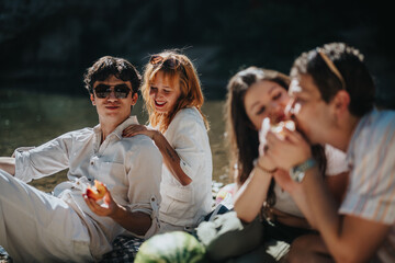 Group of young friends having a joyful summer picnic by the river, sharing laughter and food in a serene natural setting.