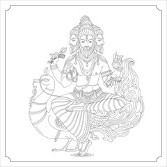 Indian God BRAHMA Isolated Outline Vector Illustration