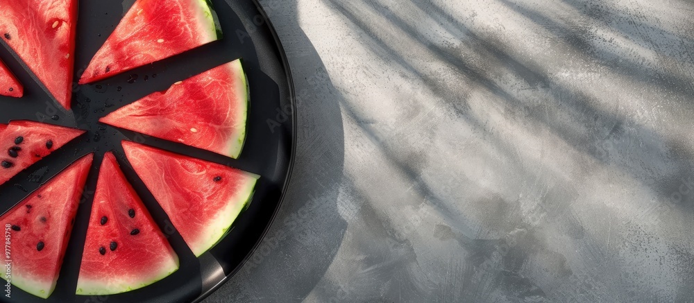 Poster Juicy watermelon slices arranged on a black plate against a concrete background with summer sun shadows Copy space Top view