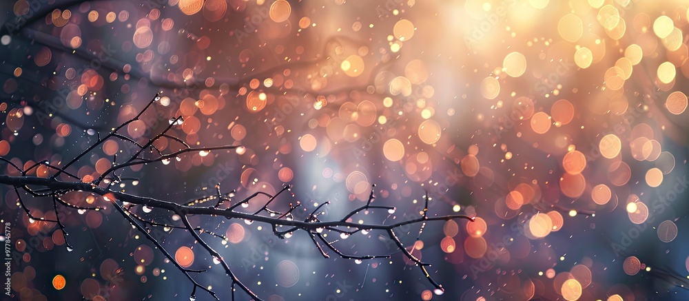 Poster abstract and blurred backdrop featuring branches and raindrops. copy space image. place for adding t