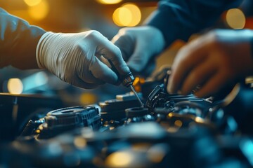 Close up of mechanic s hands inspecting car engine, highlighting precision and skill in diagnostics