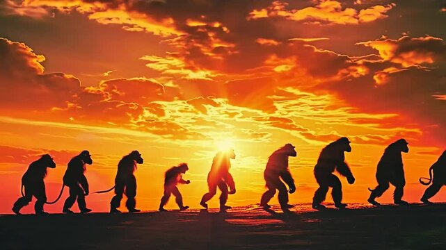 Evolutionary timeline showing apes walking into the future